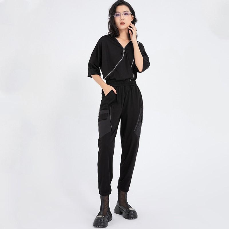 Plus Size Vintage Black Patchwork High Waist Casual Loose Summer Cargo Pants Women Trousers