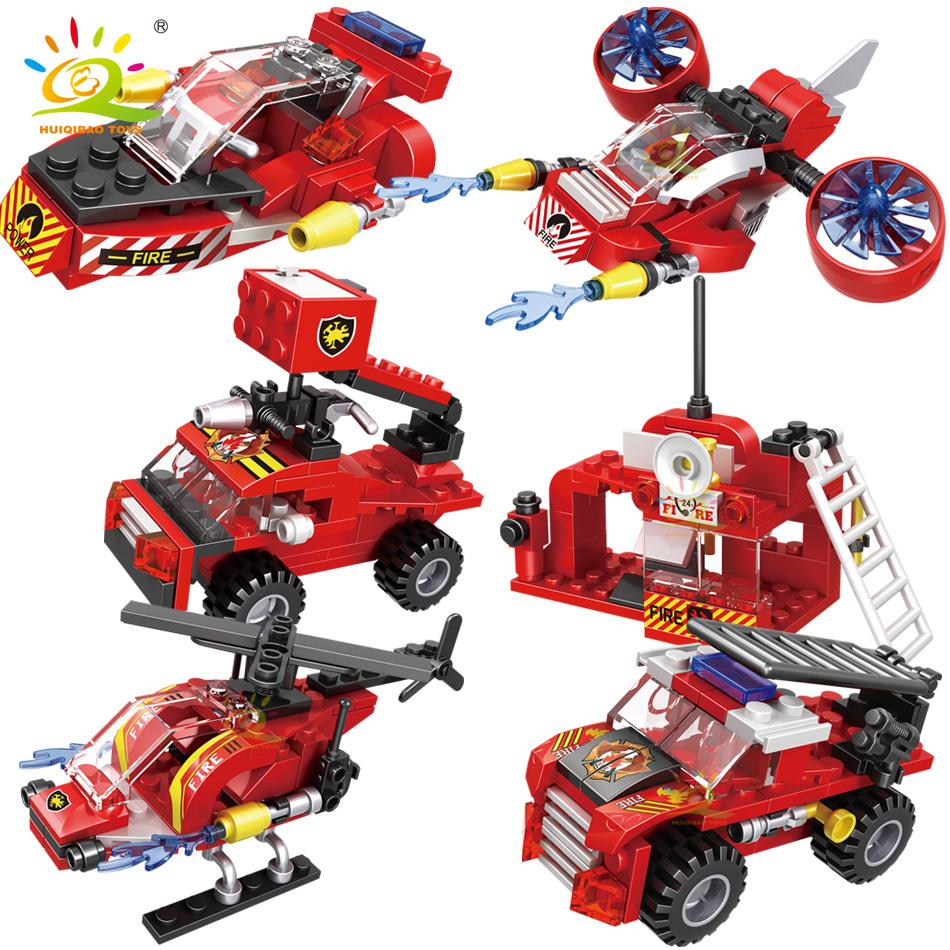 HUIQIBAO 387pcs 6in1 Fire Fighting Trucks Building Blocks City Rescue Helicopter Bricks 6 Fireman Toys For Children Kids Gift