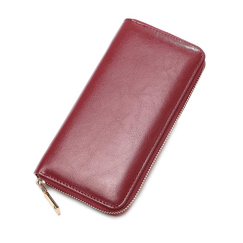 New Oil Wax Pattern Cowhide Women's Zipper Wallet Long Leather Large Capacity Handbag