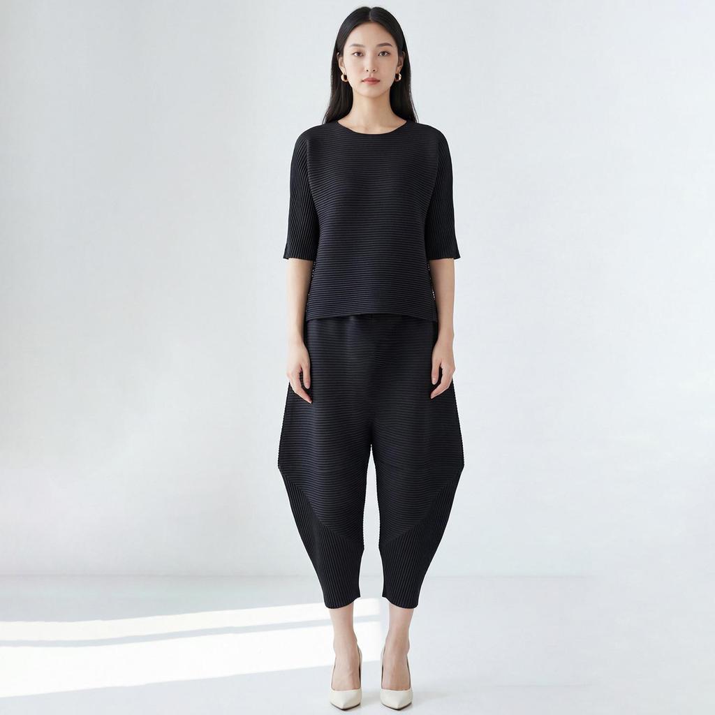 Miyake Women's High-End Flattering T-shirt & Irregular Harem Pants Two-Piece Set