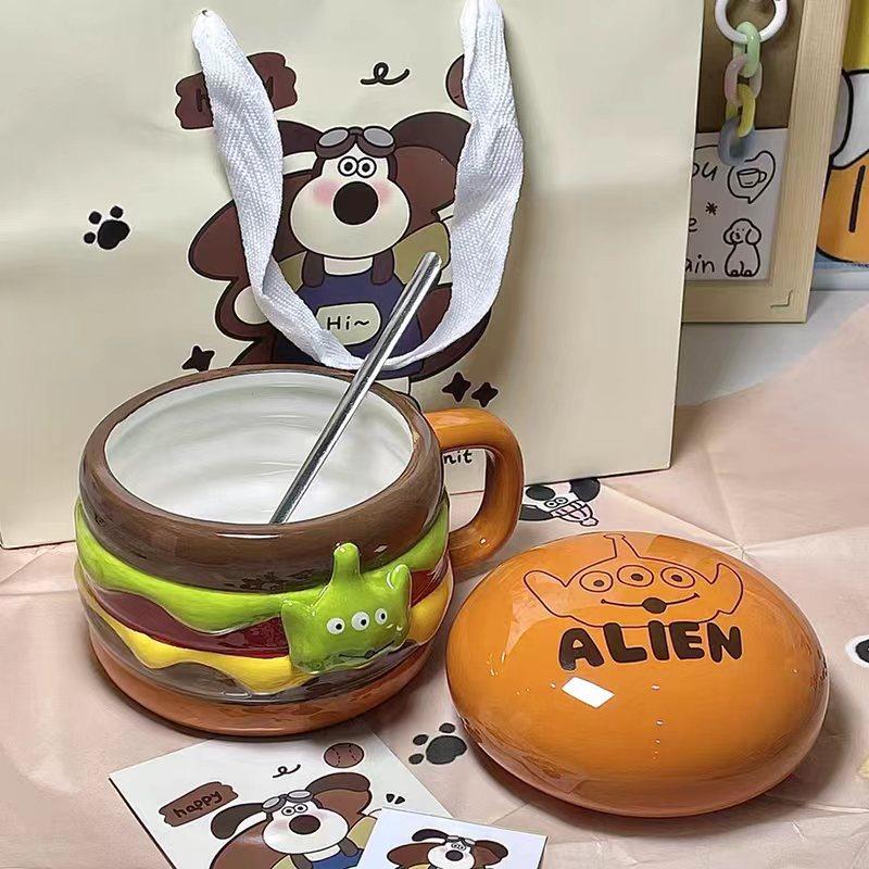 Cartoon Water Cup Cute Three-eyed Burger Mug Funny Underglaze Creative Ceramic Cup with Lid