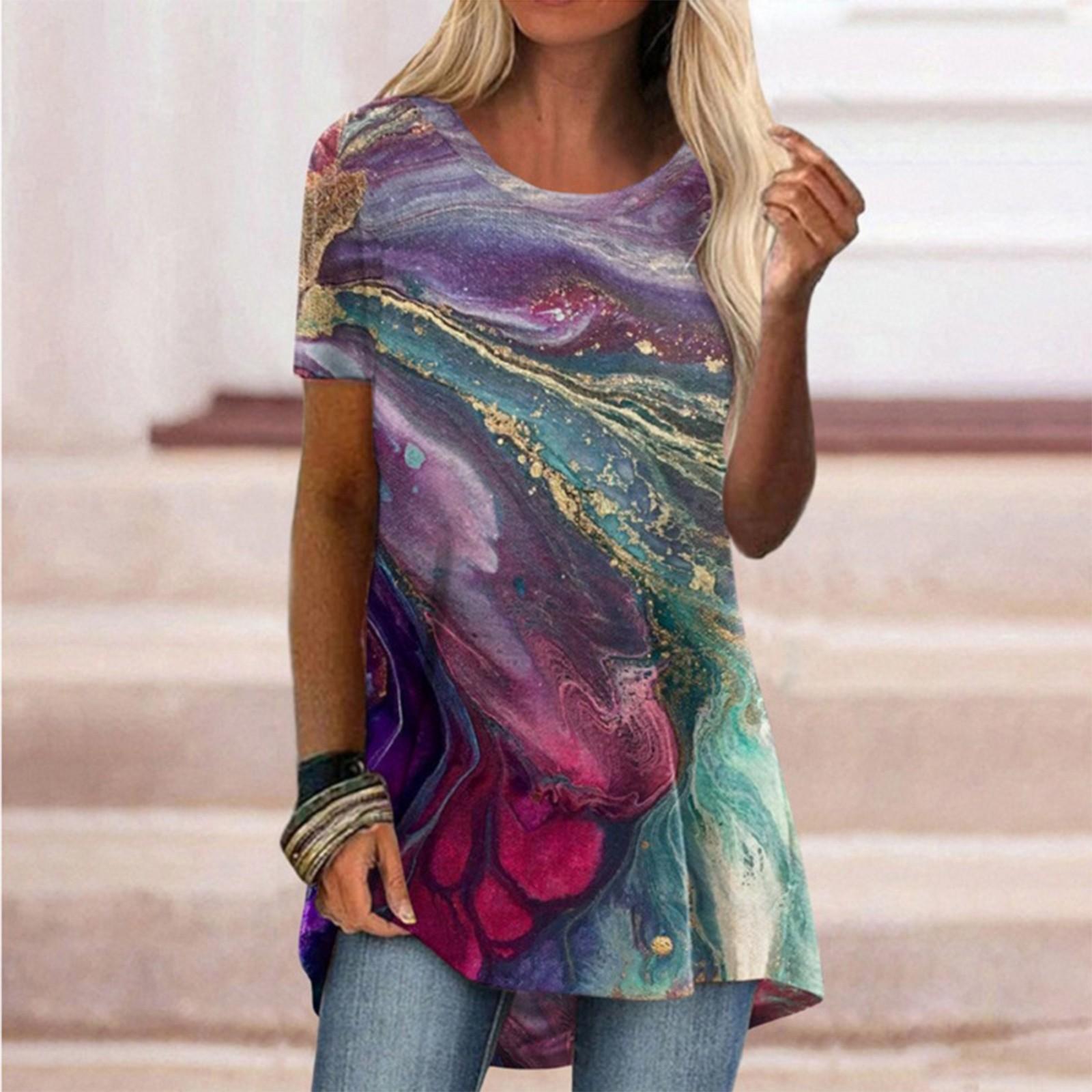 Women Fashion Summer 2022 Round Neck Pullover Print Short Sleeve Top Blouse XXXL фиолетовый
