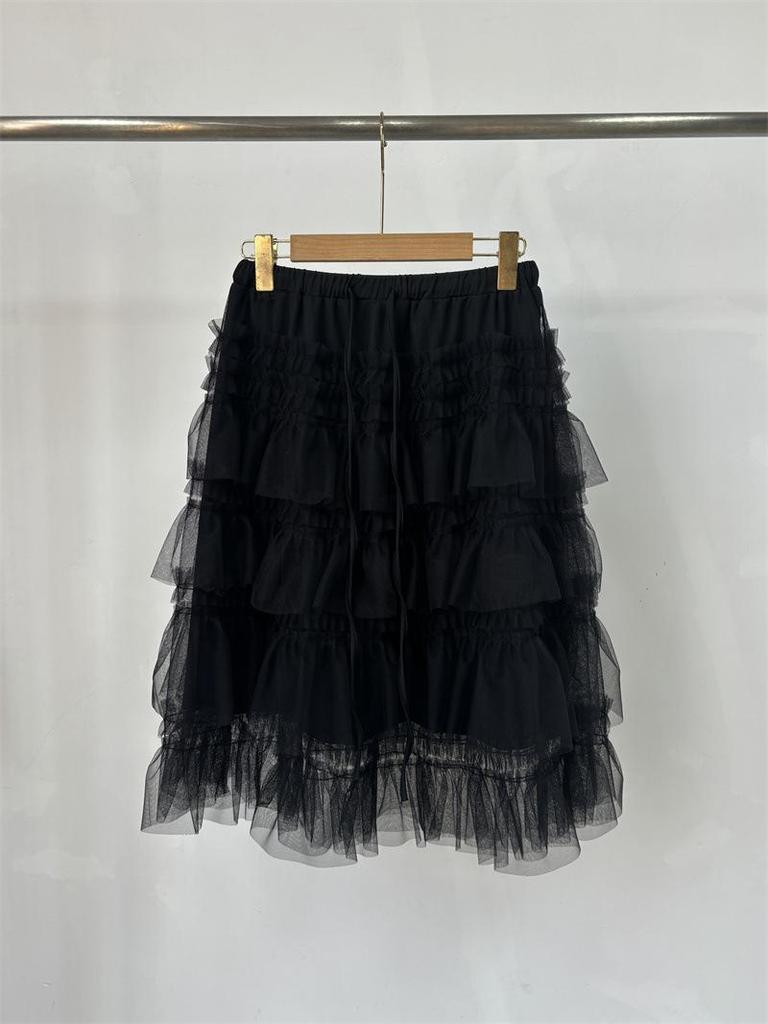 2026 Women's Grey Layered Mesh Cake Skirt with Elastic Waist - Korean Style
