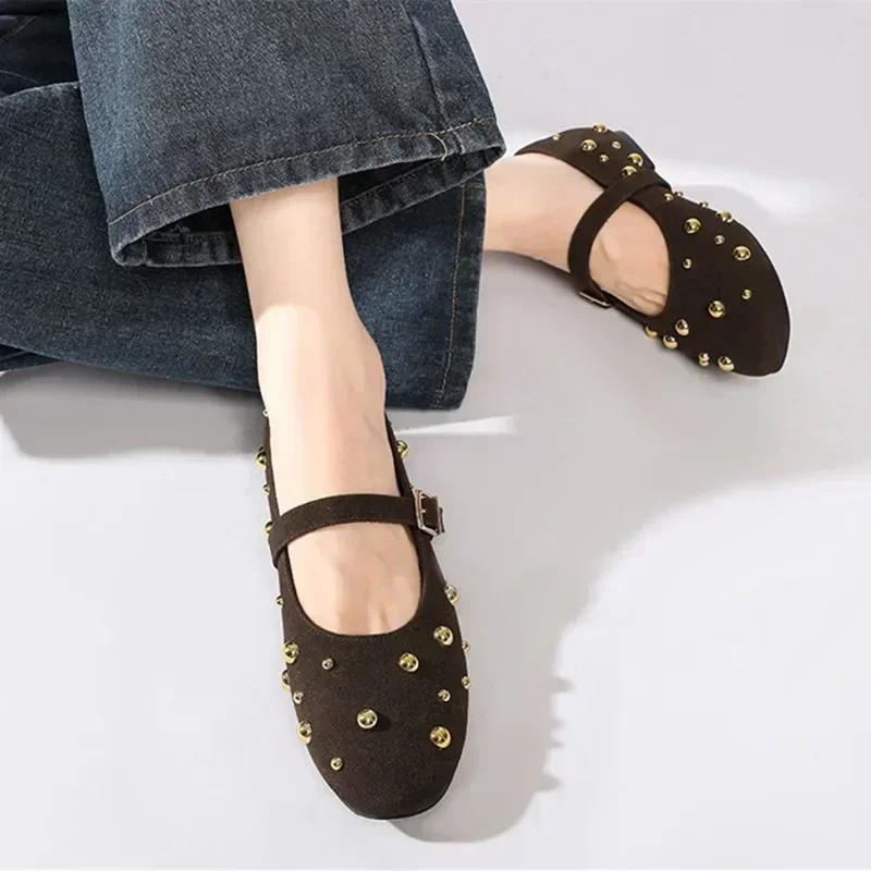 Fashion Gold Rivets Decorate Ballet Flats Women High-quality Faux Suede Buckle Mary Jane Shoes Cozy Non-slip Soft Sole Loafers