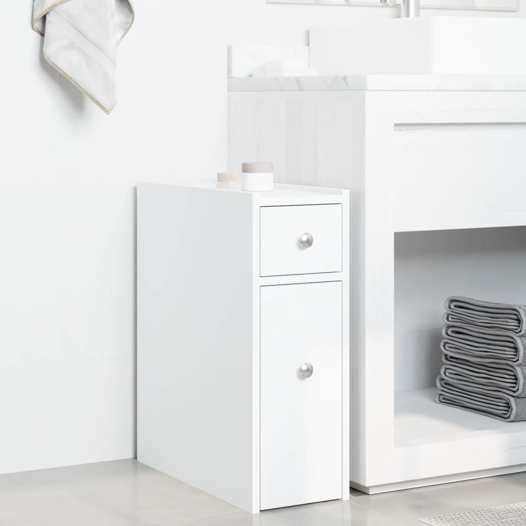 Narrow Wheeled Bathroom Cabinet, Bathroom Corner Storage Cabinet, White Engineered Wood