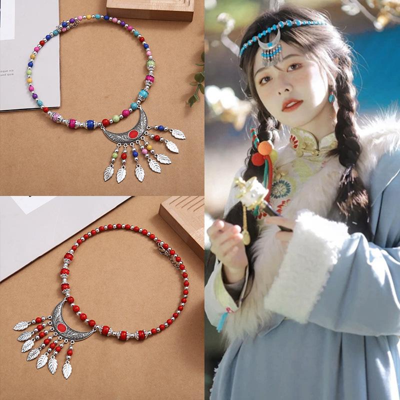 1PC Ethnic Multicolor Long Chain Boho Stone Beads Jewelry Accessories Leaf Red Stone Alloy Carving Gaskets Tassel Necklace