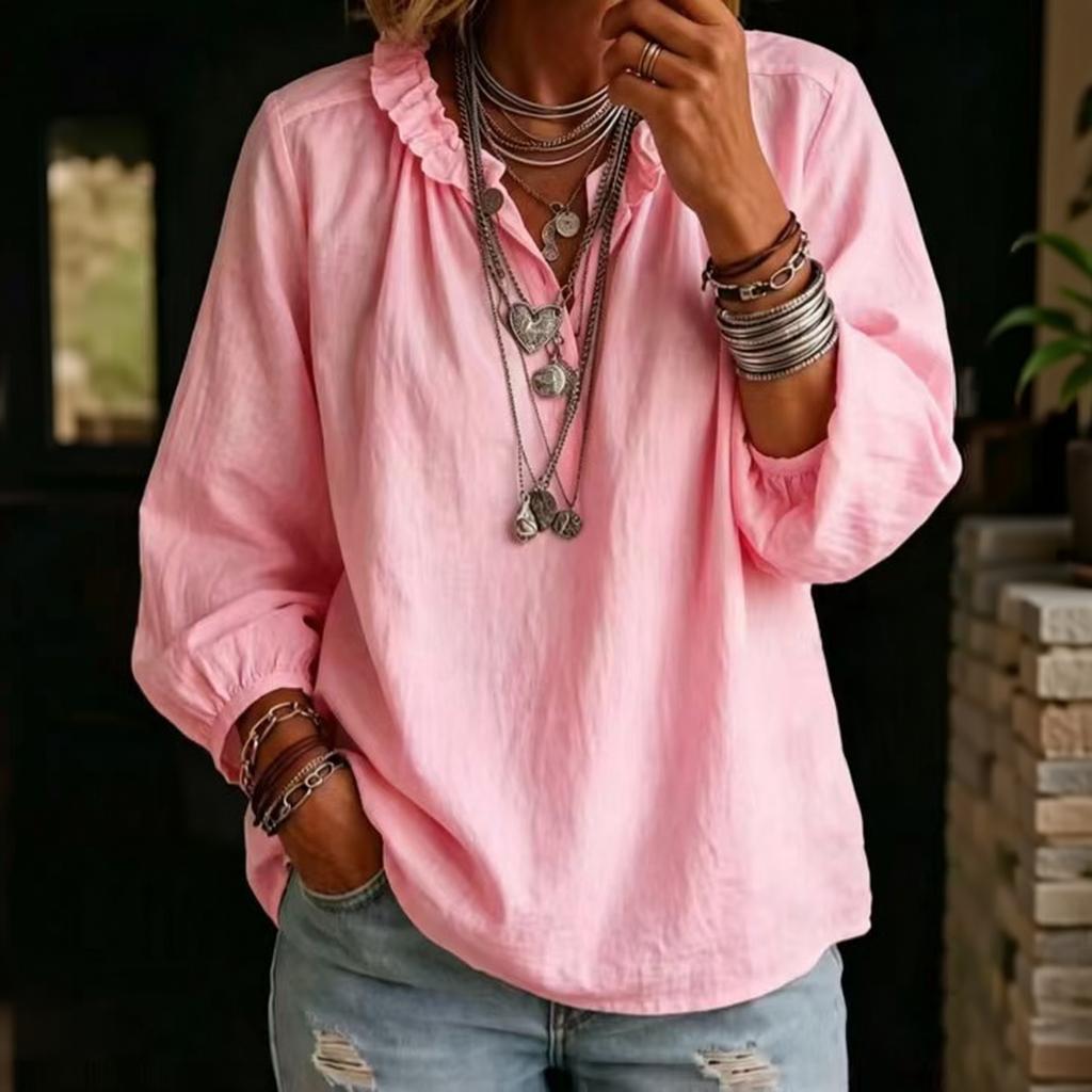 Women's Long Sleeve V Neck Pullover Blouse Loose Fit Casual Top