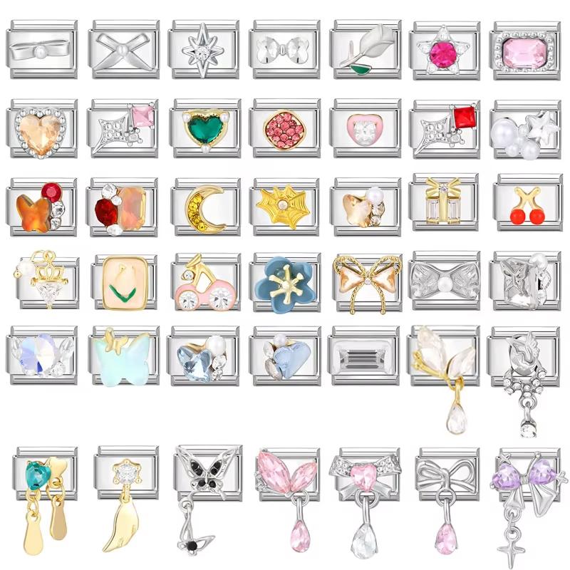 Shiny Zircon Bow Knot Cherry Heart Butterfly Pendant Italian Charm Links Fit 9mm Stainless Steel Bracelet Women DIY Making Gift