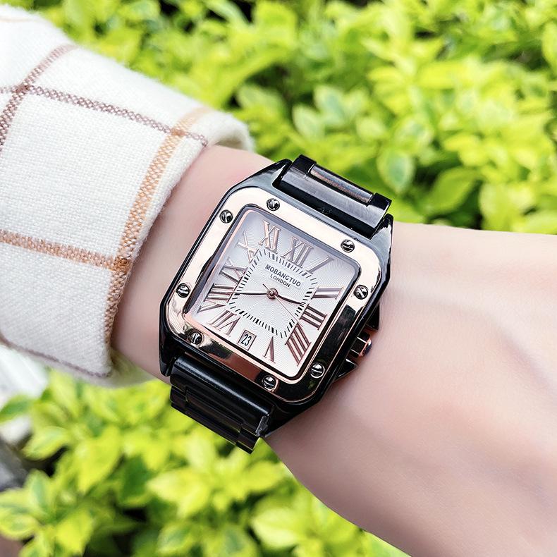 Modny zegarek Santos Square: Unisex Stalowy Pasek, Kalendarz, Wodoodporny, Kwarcowy