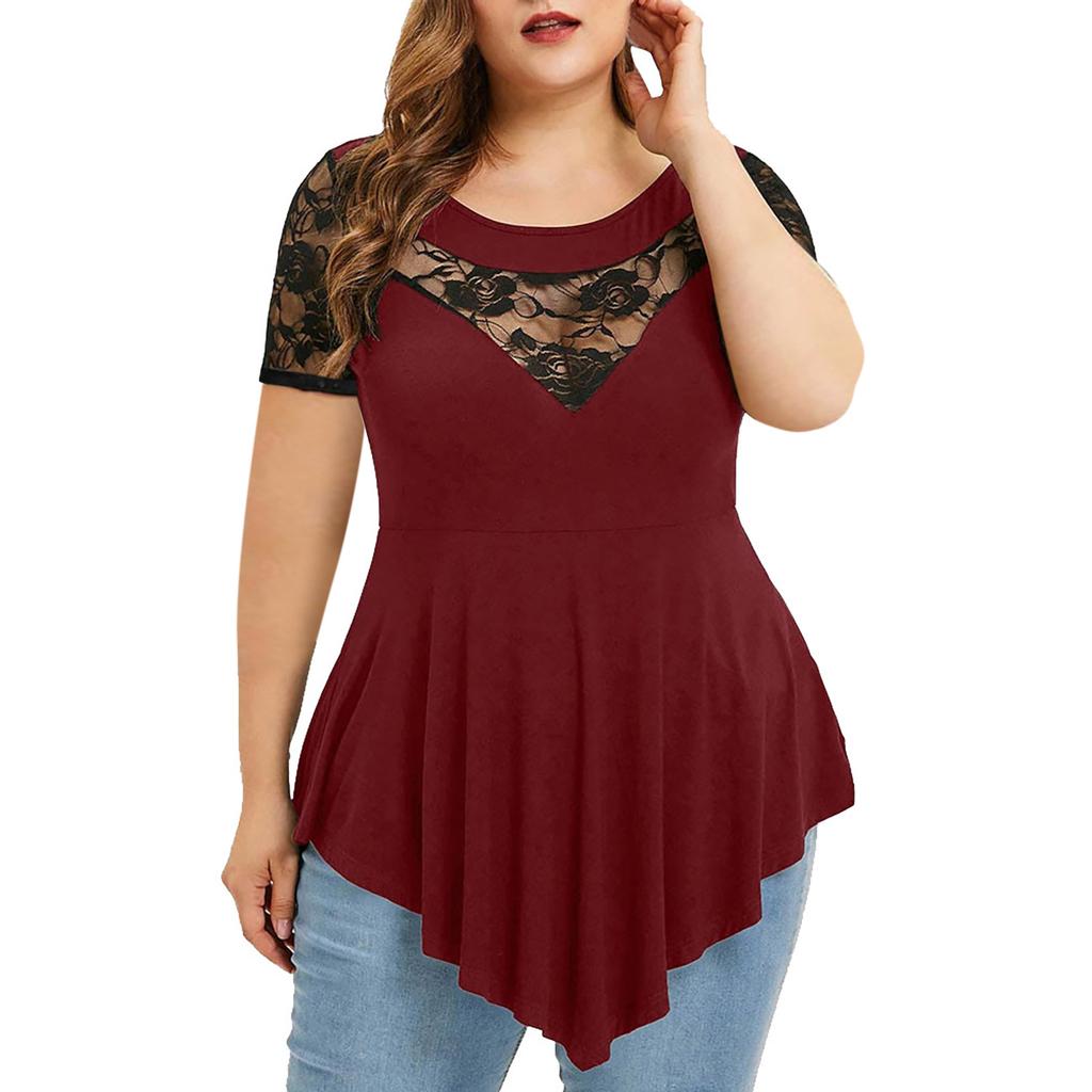 Plus Size Women Floral Lace Asymmetric Three Quarter Tops Blouse