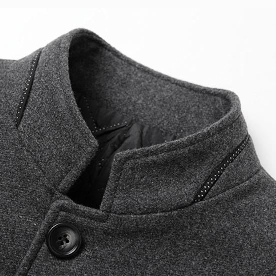 Men Woolen Coat Stand Collar Solid Color Windproof Autumn Winter Thicken Trench Coat Overcoat Business Windbreaker Streetwear