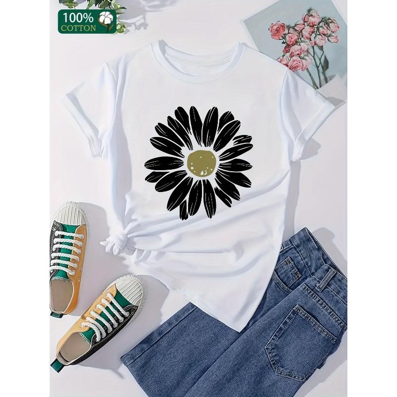 European Size Daisy Home, Leisure, Fashion, Versatile, Commuting, Sports, Universal Versatile, Comfortable Sports Heavyweight Pure Polyester T-shirt