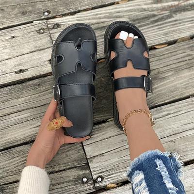 22 zomer nieuwe grote maat pantoffels dikke zool één woord gesp effen kleur Europese en Amerikaanse casual coole pantoffels