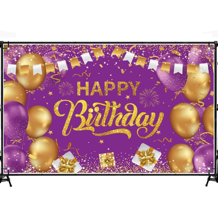 Purple Silver Happy Birthday Backdrop Banner, 6x3.6ft Purple Silver Backdrop Sign, Birthday Party Supplies Photo Background for Children Men Women.