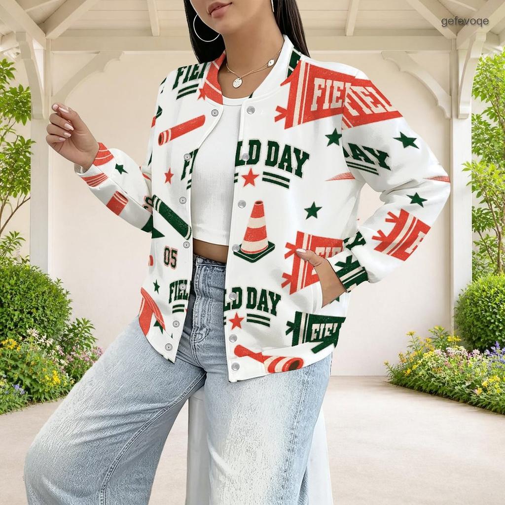 Women Plus Size White Rose Printed Baseball Collar Long Sleeve Jacket With Pockets