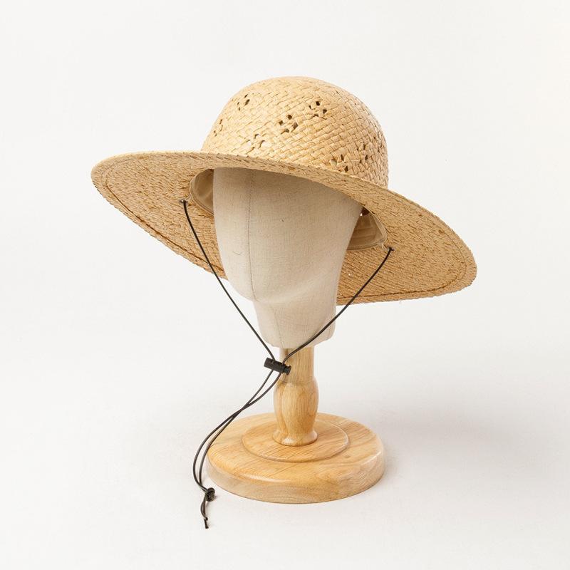 Spring and Summer New Fashion Casual Hand-woven Hollow Flower Big Eaves Straw Hat with Strap Women's Outdoor Travel Shading and Sun Protection