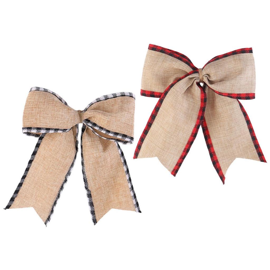 DIY Christmas Bow Decoration - Black and White Plaid Linen Ribbon Bow for Tree Ornaments