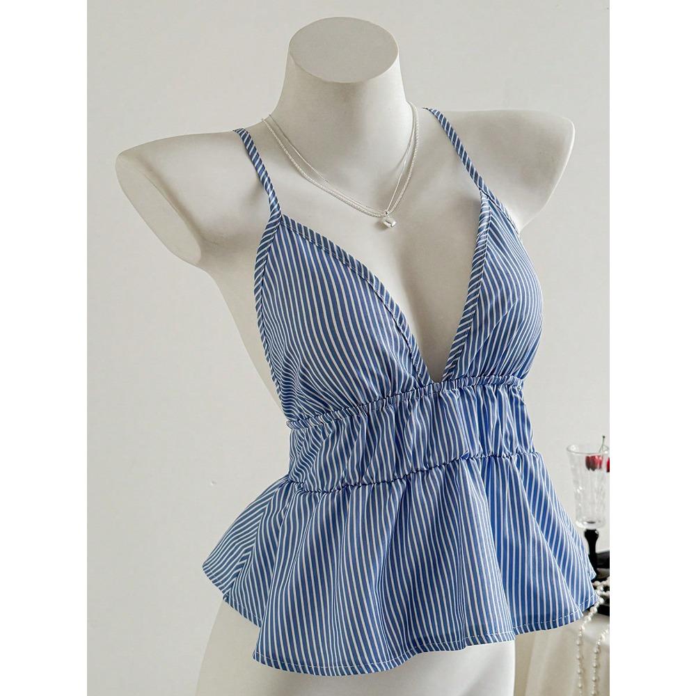 Women s V Neck Sleeveless Cami Top Slim Fit Sweet Striped Criss Cross Back Spaghetti Strap Blouse XS синий