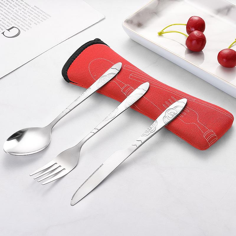 Portable Stainless Steel Western Cutlery Set: Knife, Fork, Spoon & Cloth Bag - Creative Three-Piece Gift Set