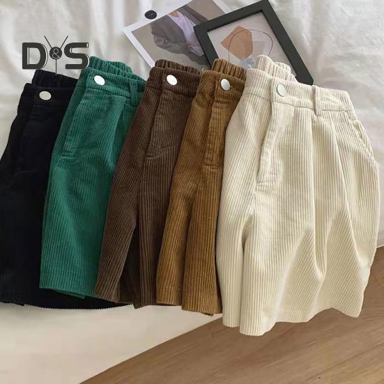 Vintage-Cord-Damen-Shorts, elastisch, hohe Taille, Knopf, Reißverschluss, Shorts, Taschen, weites Bein, kurze Hose