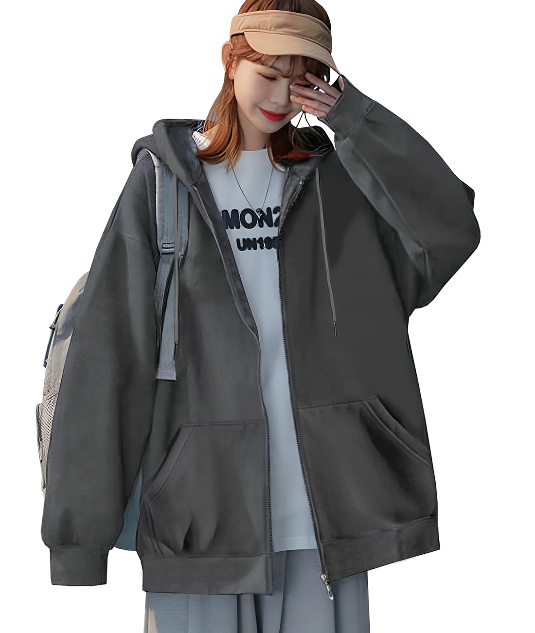 

EASTEMPO Long Sleeve Loose Solid Plus Sizes Dark Women s Hoodie, Fall/Winter, Fleece-Lined, Zip-Up, Fit, Color, Stylish, (JP, Alphabet, L, Gray)