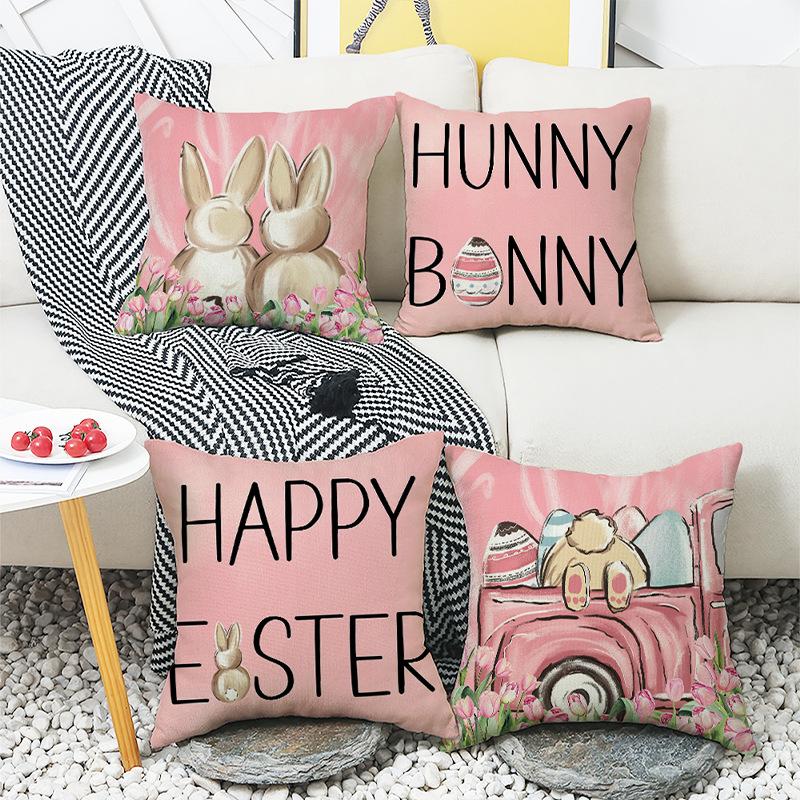 Pink Letter Rabbit Cartoon Cute Pillow Easter Print Cushion Cover Home Sofa Pillow Cover