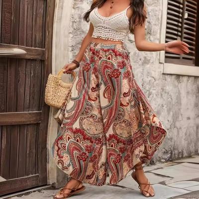 Pantalones largos con estampado bohemio para mujer, elásticos irregulares, cintura alta, pierna ancha, pantalón largo, moda informal, transpirable, ligero, vacaciones, más pantalones largos