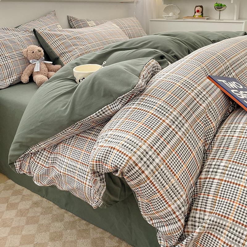 Simple Pure Cotton Four-piece Set Plaid Pure Cotton Bed Sheet Quilt Cover Bed Sheet Type Pure Cotton Dormitory Three-piece Set