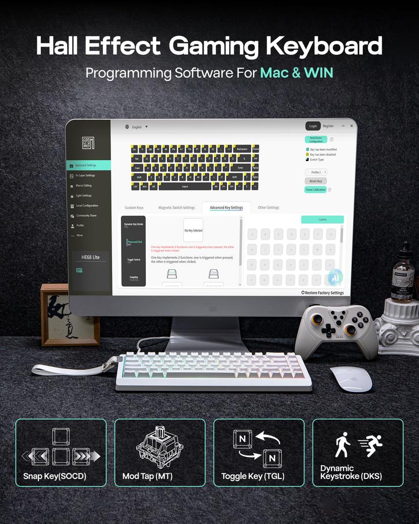 EPOMAKER HE68 Lite Hall Effect Magnetic Gaming Keyboard with 8000Hz Polling Rate 128K Scan Adjustable Snap SOCD Wired Mac Compatible Software & Rate,