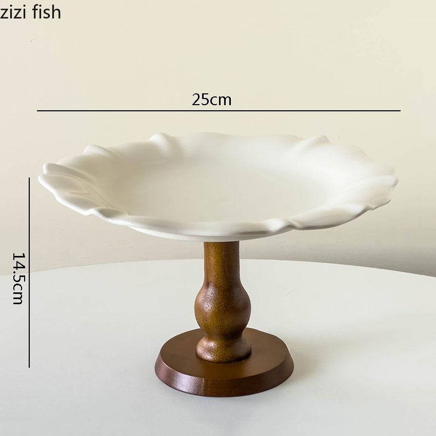 Vintage Simplicity Ceramic Fruit Plate Creative Wood High Foot Snack Plate Afternoon Tea Cake Display Plate Household Products