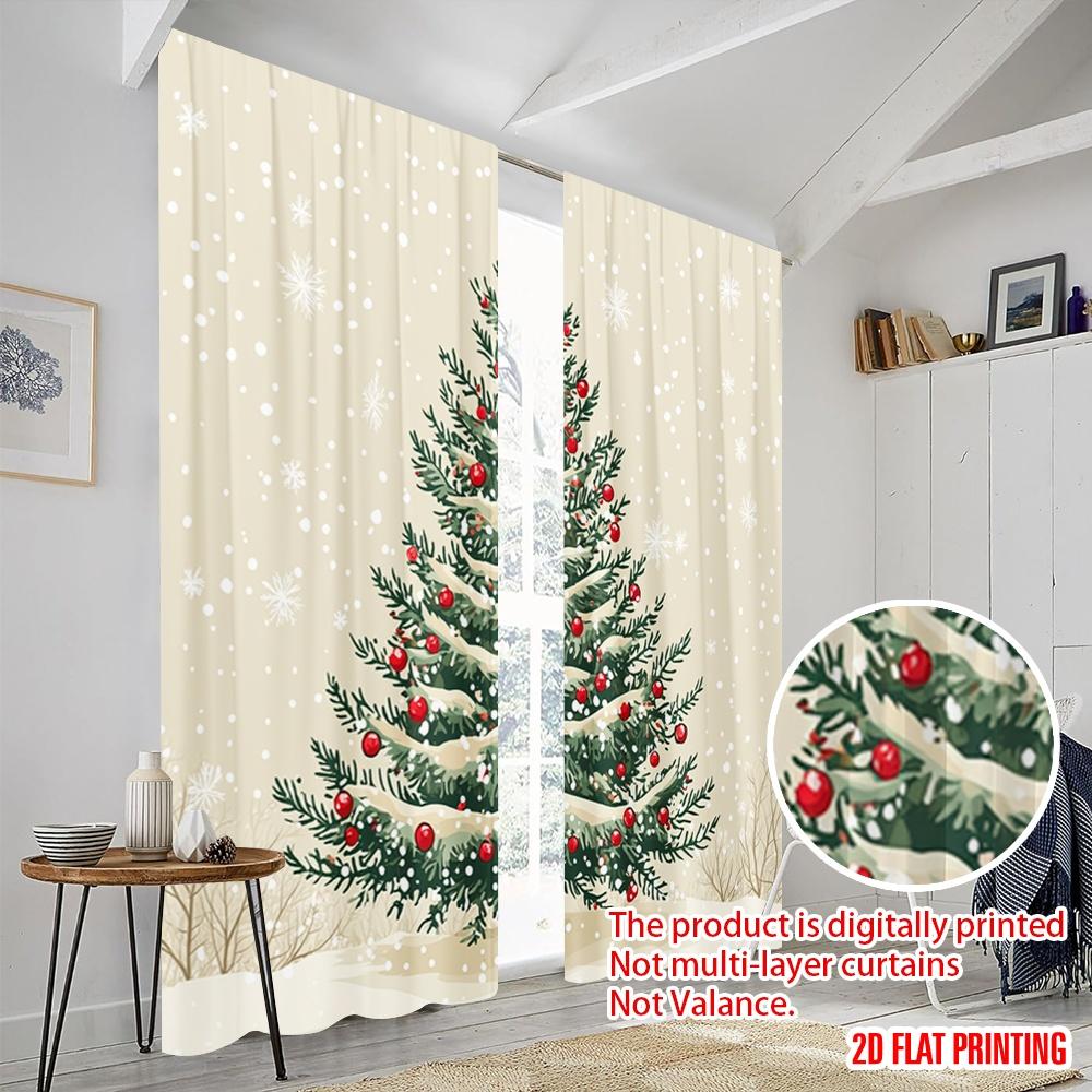 2pcs,2D plane printing Curtain Popular Christmas Tree Snow Berries (3) Versatile Polyester Fabric (without rod) Room Decor