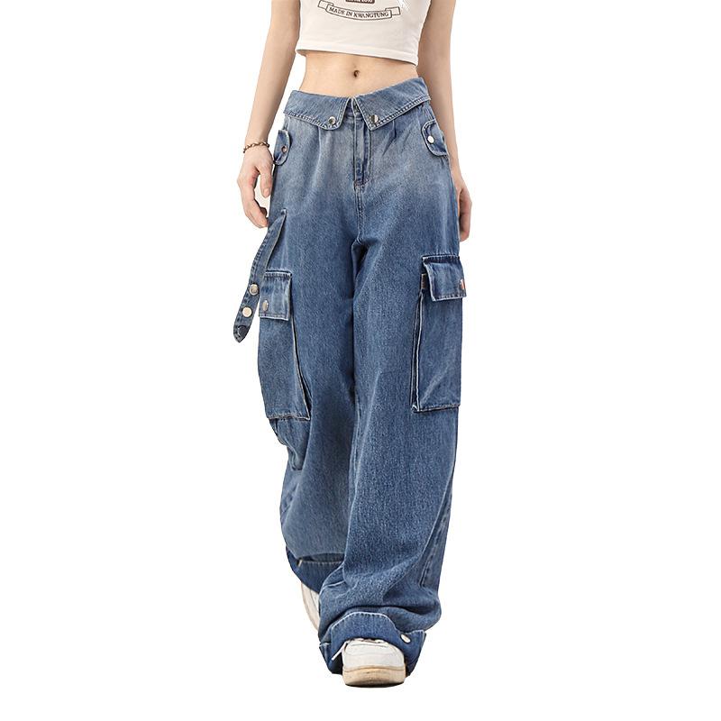 

Thick and niche high waist small body narrow mouth casual wide leg pants women s gradient cargo jeans XS синій