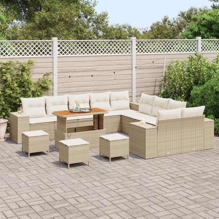 VidaXL Ensemble de canapé de jardin 14 pièces avec coussins beiges en rotin synthétique acacia 3364021