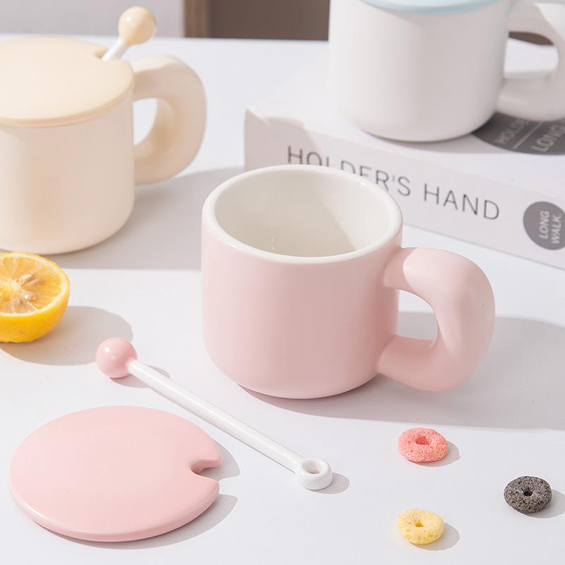 Simple Milk Fufu Ceramic Mug Big Handle with Lid Mixing Stick Coffee Cup Men and Women Breakfast Buffalo Milk Cup