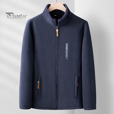 Men Coat Stand Collar Long Sleeve Polar Fleece Lining Cardigan Jacket Solid Color Zipper Placket Outwear Daily Wear