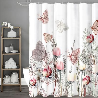Cortina de Ducha de Primavera con Flores y Mariposas, Cortina de Ducha Decorativa para Baño, Cortina de Ducha Impermeable con Ganchos