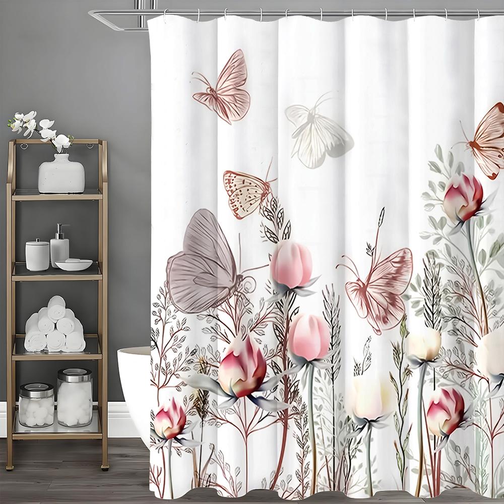 Spring Flower Butterfly Shower Curtain, Bathroom Decorative Shower Curtain, Waterproof Shower Curtain with Hooks