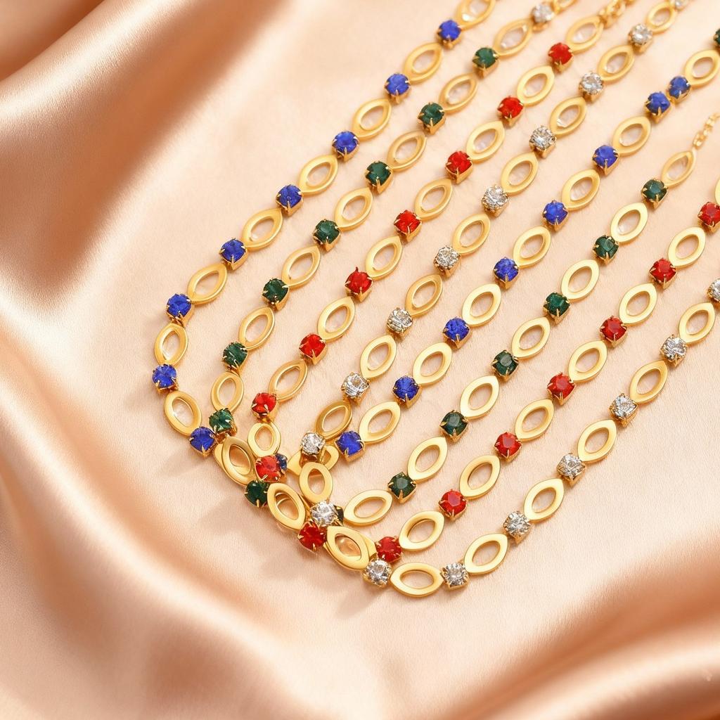 Stainless Steel Hollow Oval Chain Necklace for Women, Blue/Green/Red Zircon Adjustable Chain Bohemian Statement Jewelry Gifts