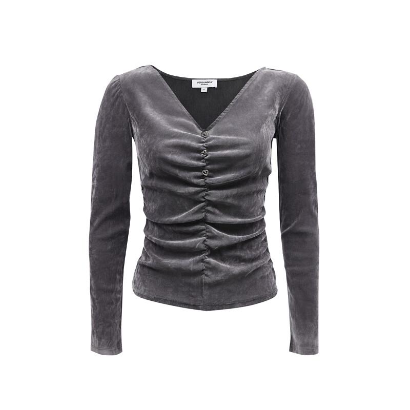 VEROMODA Women's Velvet V-Neck T-Shirt with Heart Buttons and Pleats