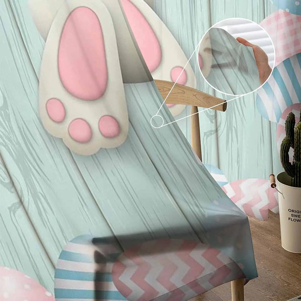 Easter Bunny Tail Wood Curtain Colorful Eggs Happy Transparent Voile Curtains Living Dining Room Bedroom Drapes Light Filtering For Sleeping Area