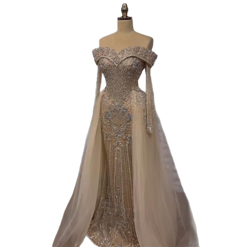 Naked bead one-word shoulder fishtail dress, art exam solo performance, evening host's long dress LA11191