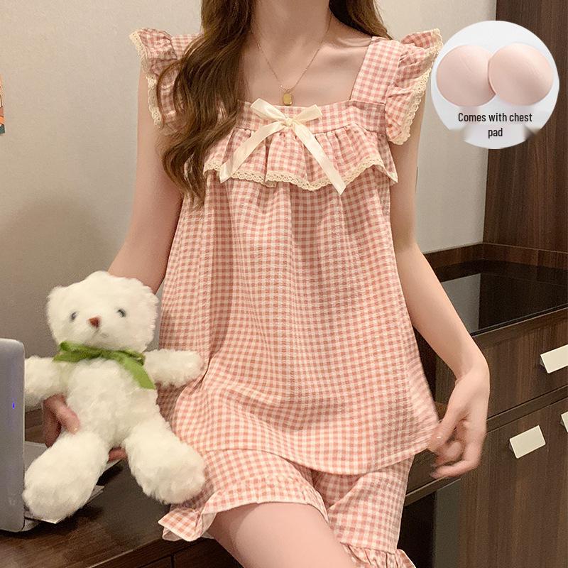Women's Bubble Wrinkle Summer Plaid Pajama Set with Fixed Chest Pads - Sweet & Cute Homewear Suitable for Outdoor Wear