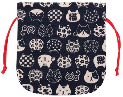 Kyoyu Worek ze sznurkiem na małe przedmioty Mini Japoński Wyprodukowano w Granatowy x 17cm Torba, Uchwyt, Kot, Wzór, Bawełna, Japonia, Nyankomon, Niebieski, 16.5