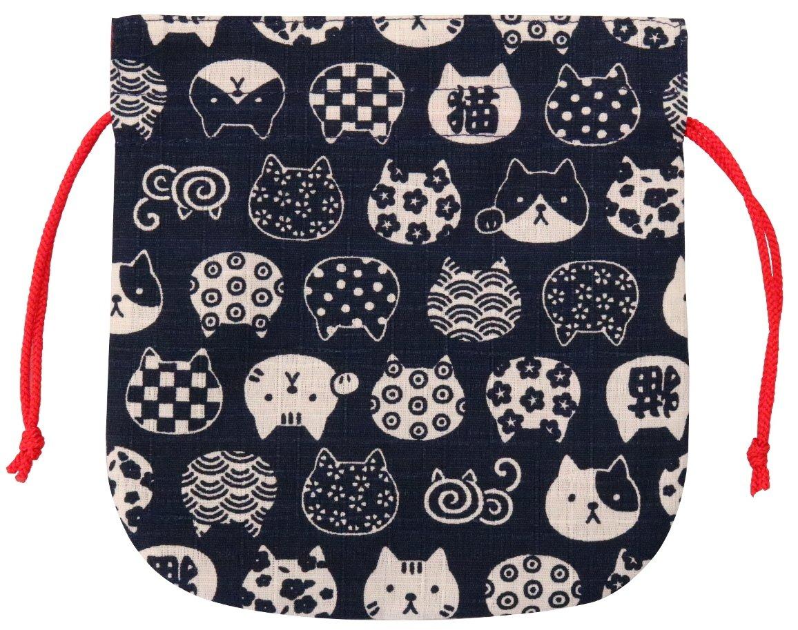 

Kyoyu Drawstring Small Item Mini Japanese Made in Navy x 17cm Bag, Holder, Cat, Pattern, Cotton, Japan, Nyankomon, Blue, 16.5