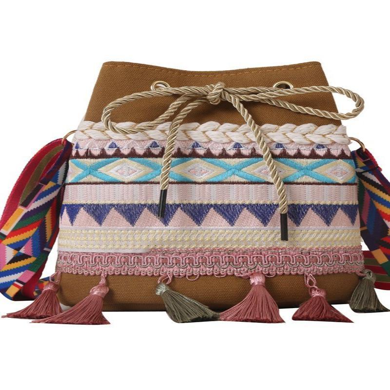 Bohemian Drawstring Bucket Bag Ethnic Embroidery Tassel Decor Cute Boho Handbag for Boho Lovers Vacation Daily Use
