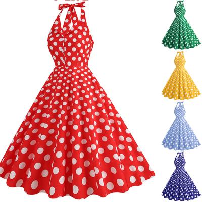 Women's Fashion Temperament Retro Polka Dot Lace-up Backless Set Neck Big Swing Puffy Casual Performance Dress