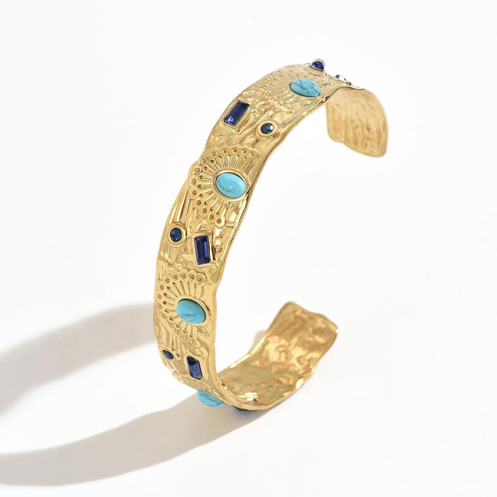Vintage Geometric Turquoise Stainless Steel Adjustable Bracelet With Sparkling Inlay For Women
