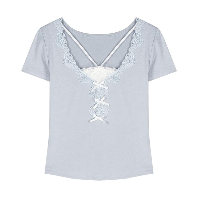 

Women s Gray Lace Bow Short Sleeve Slim Fit T-shirt M синій