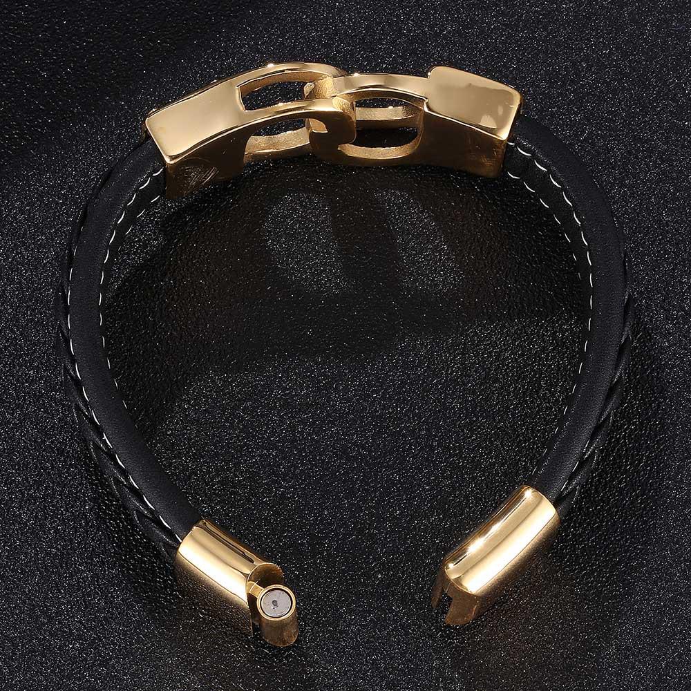 Pánský Punk Retro Zlatý Kožený Náramek Manžeta s Nerezovou Magnetickou Sponou