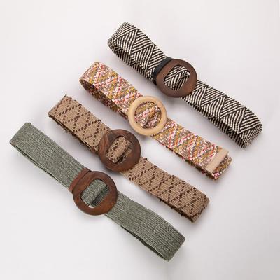 Bohemian Round Wood Buckle Elastic Woven Waist Belt for Women - Summer Dress Accessory